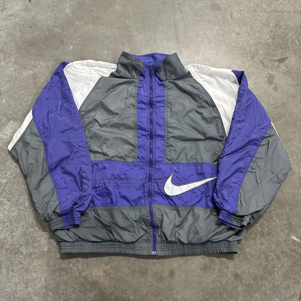 Vintage 90s Nike Big Swoosh Panel Windbreaker Jacket Purple Gray White XXL